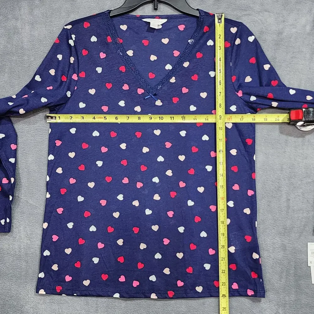 Charter‎ Club Cotton Pajamas Set XS Long Sleeve Lace Trim Navy Blue Multi Hearts - Picture 7 of 8